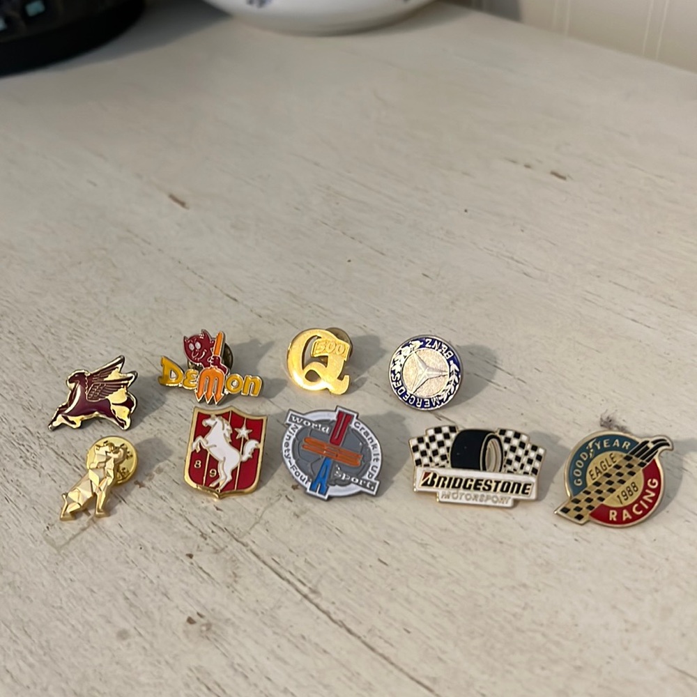 Lot ‘80’s & ‘90’s car pins Goodyear racing Mack truck demon Mobil Mercedes more